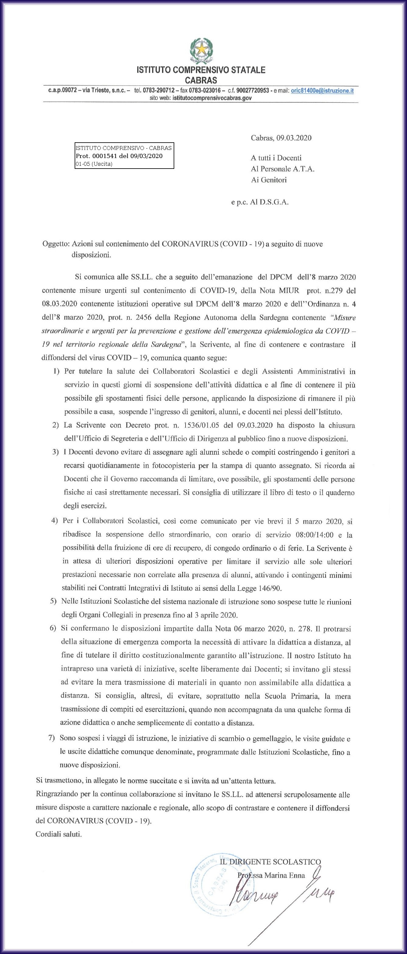 Azioni sul contenimento del CORONAVIRUS COVID 19 a seguito di nuove disposizioni