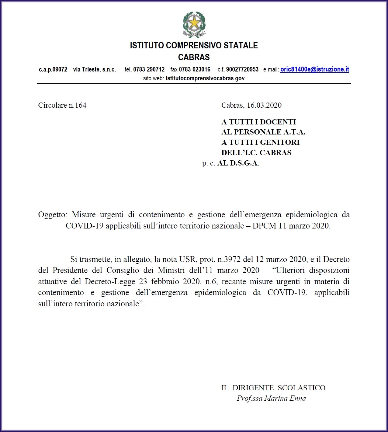 Circolare n.164 Ulteriori disposizione attuative D.L. 23 febbraio 2020 n.6 DPCM 11 marzo 2020