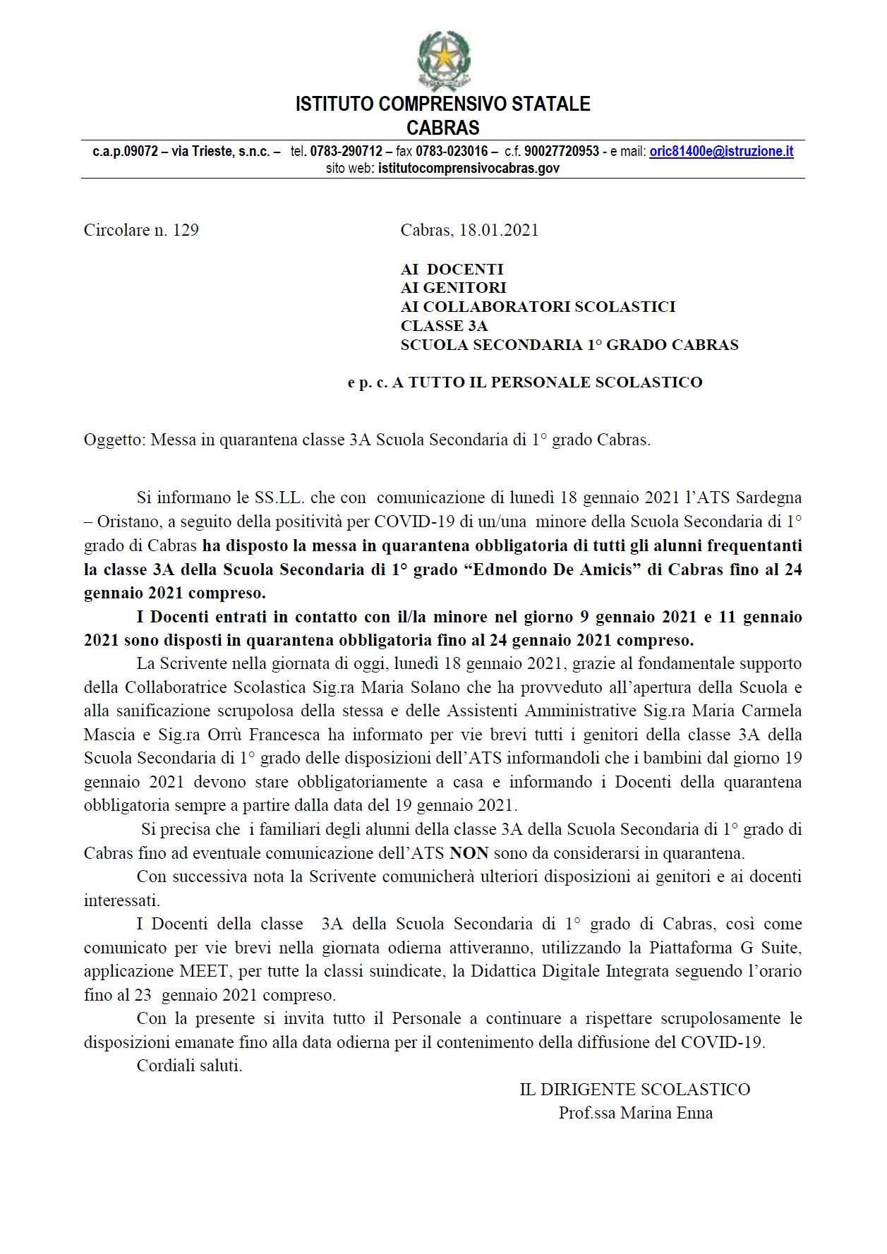 Circolare n. 129 Messa in quarantena classe 3A Sc. Sec. Cabras