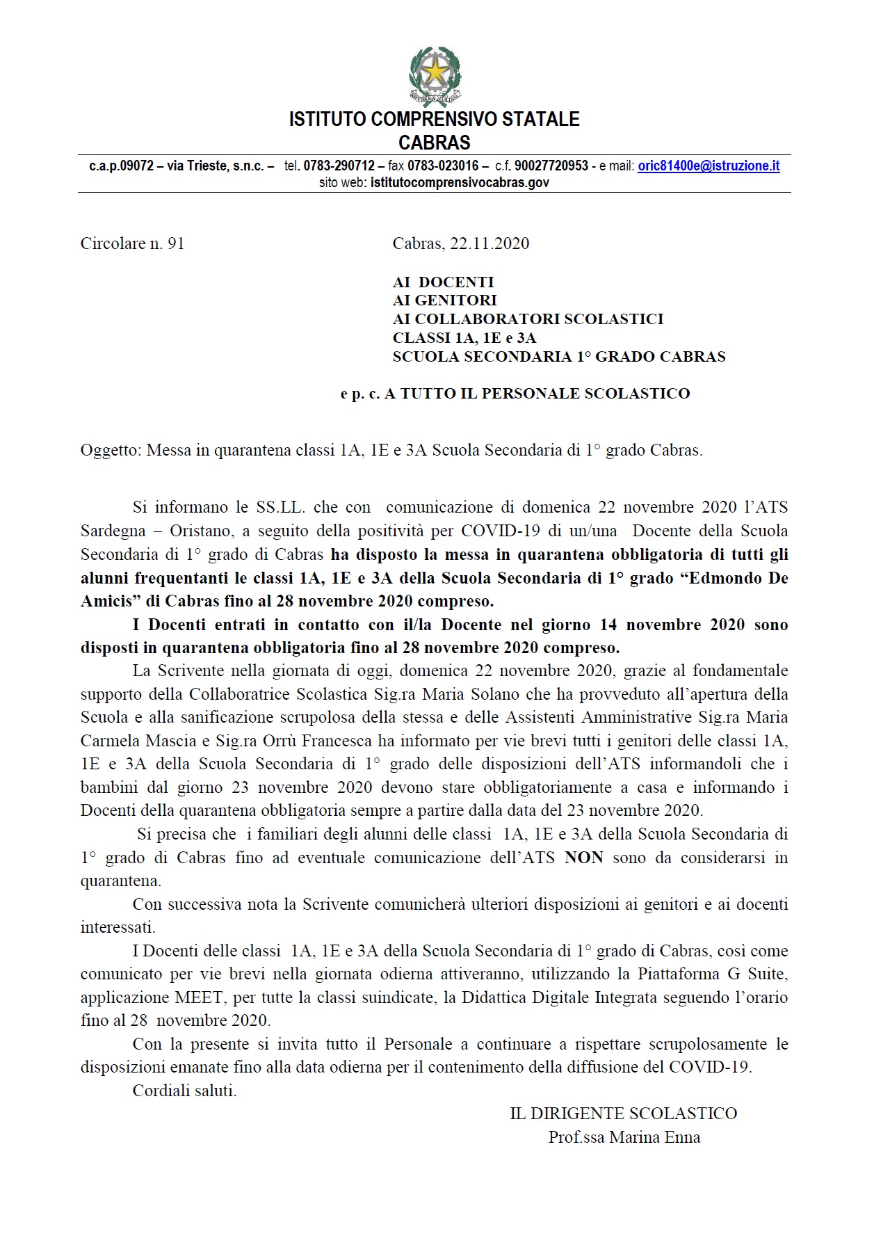 Circolare n 91 Messa in quarantena classi 1A 1E e 3A Scuola Secondaria di 1 grado Cabras
