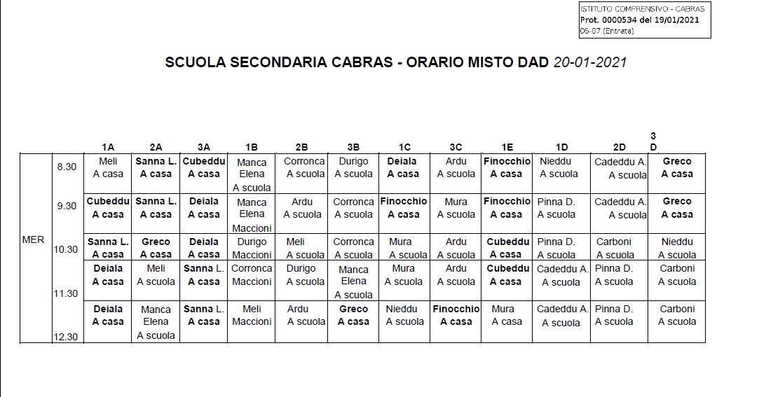 SCUOLA SECONDARIA CABRAS ORARIO MISTO DAD 20 01 2021